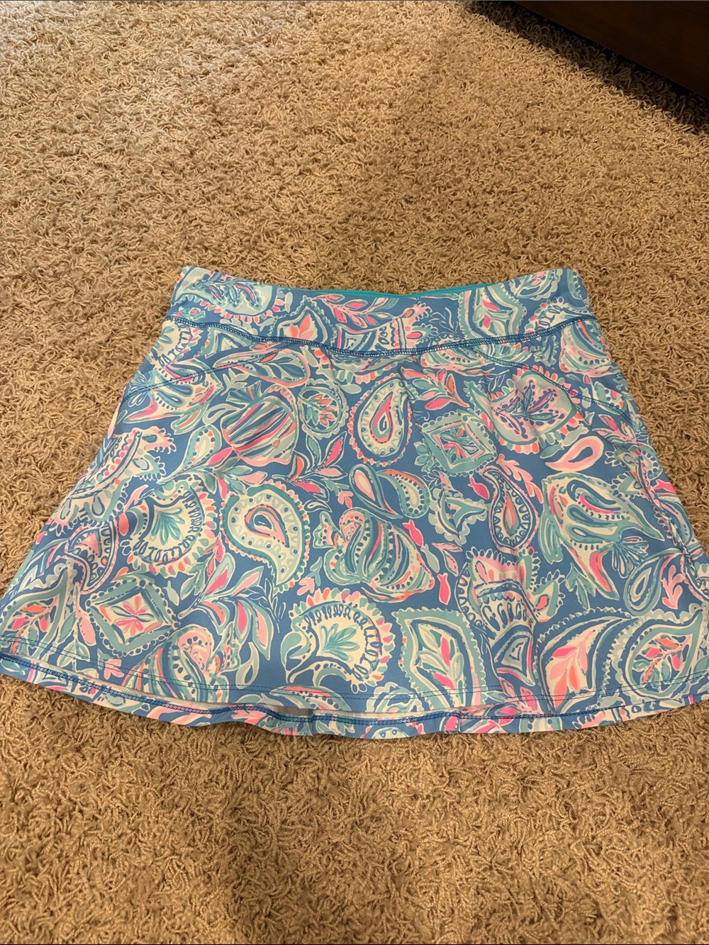 Lilly Pulitzer Blue Paisley Circle Skater Skirt with Pink & Teal Motif